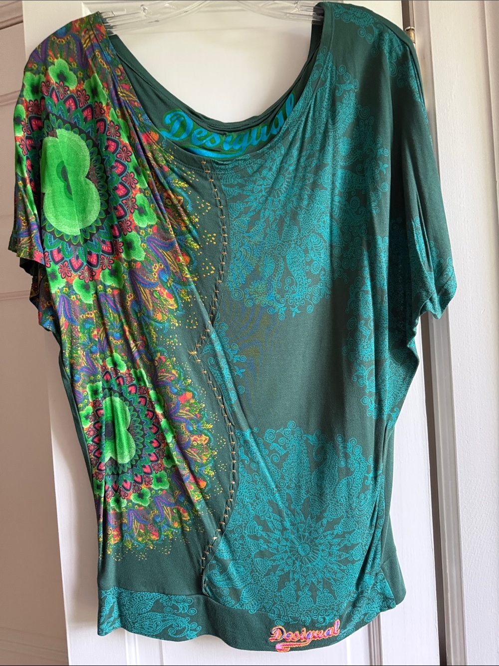 Desigual Teal and Green Short Sleeve Floral Medallion Top